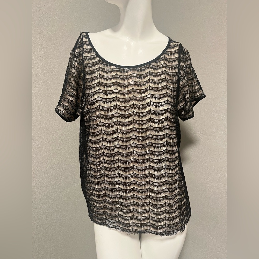 J. CREW Women’s  Black & Beige Lace Short Sleeves Nylon Top Shirt Blouse Size M